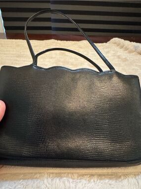 Vintage Coblentz Black Leather Top Handle Purse Scalloped Mid Century Handbag